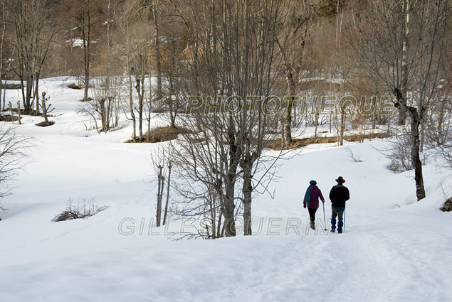 Couple de randonneurs dans un sous-bois  enneigé du Parc National des Ecrins
